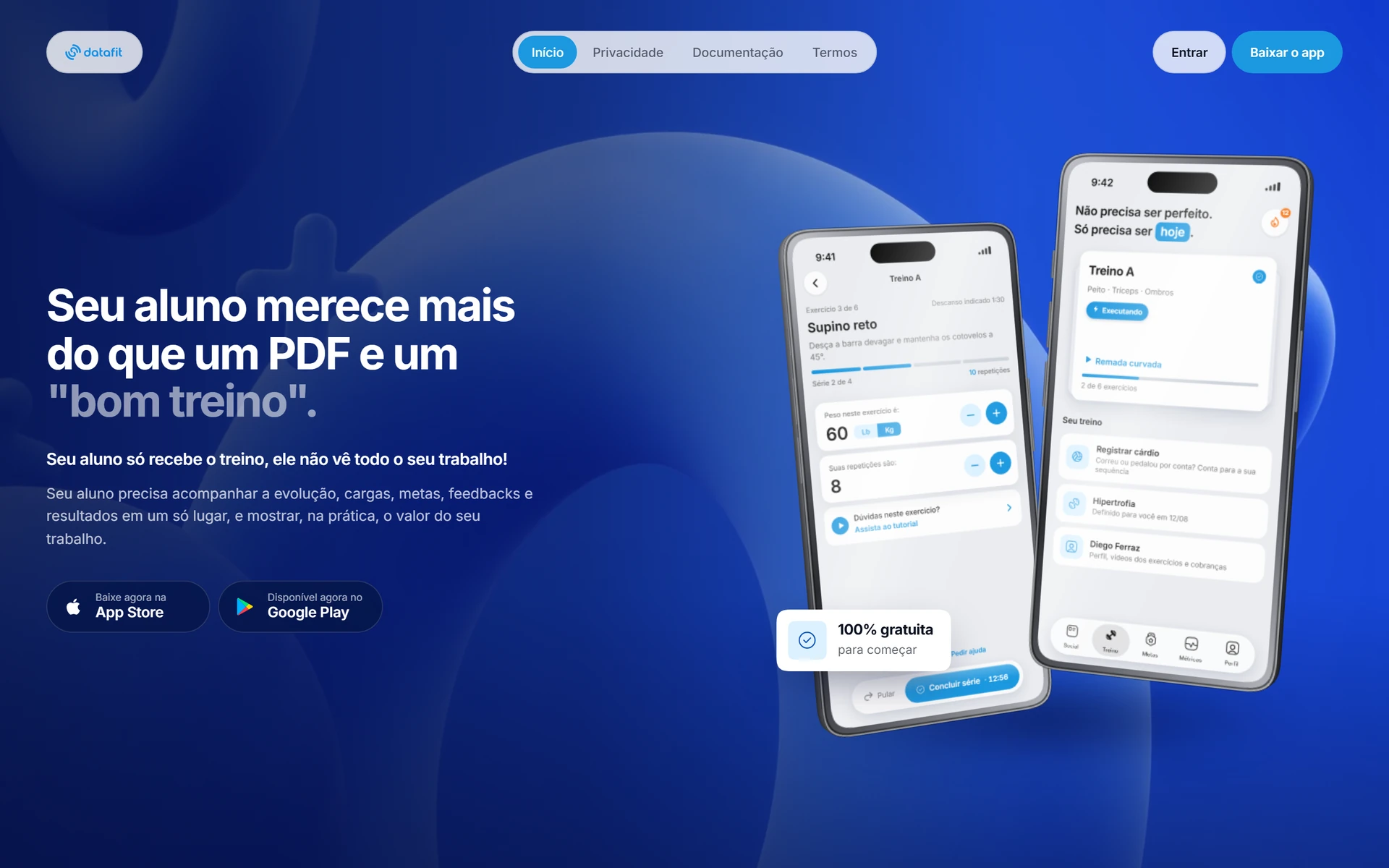 Datafit: App de treino para personal e aluno, painel web de gestão e site de apresentação, sobre uma base de dados única e com cobrança de planos por assinatura.