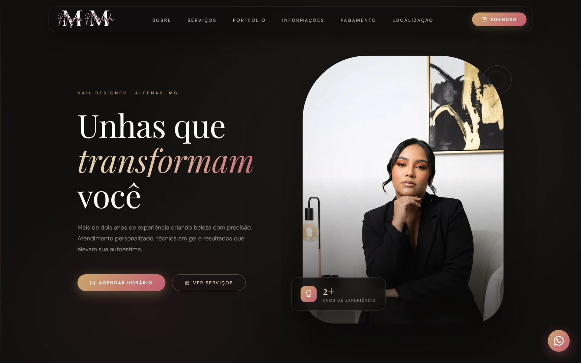Mayra Miranda: One-page website for a nail designer, from presenting the work and the service rules to booking directly on WhatsApp.