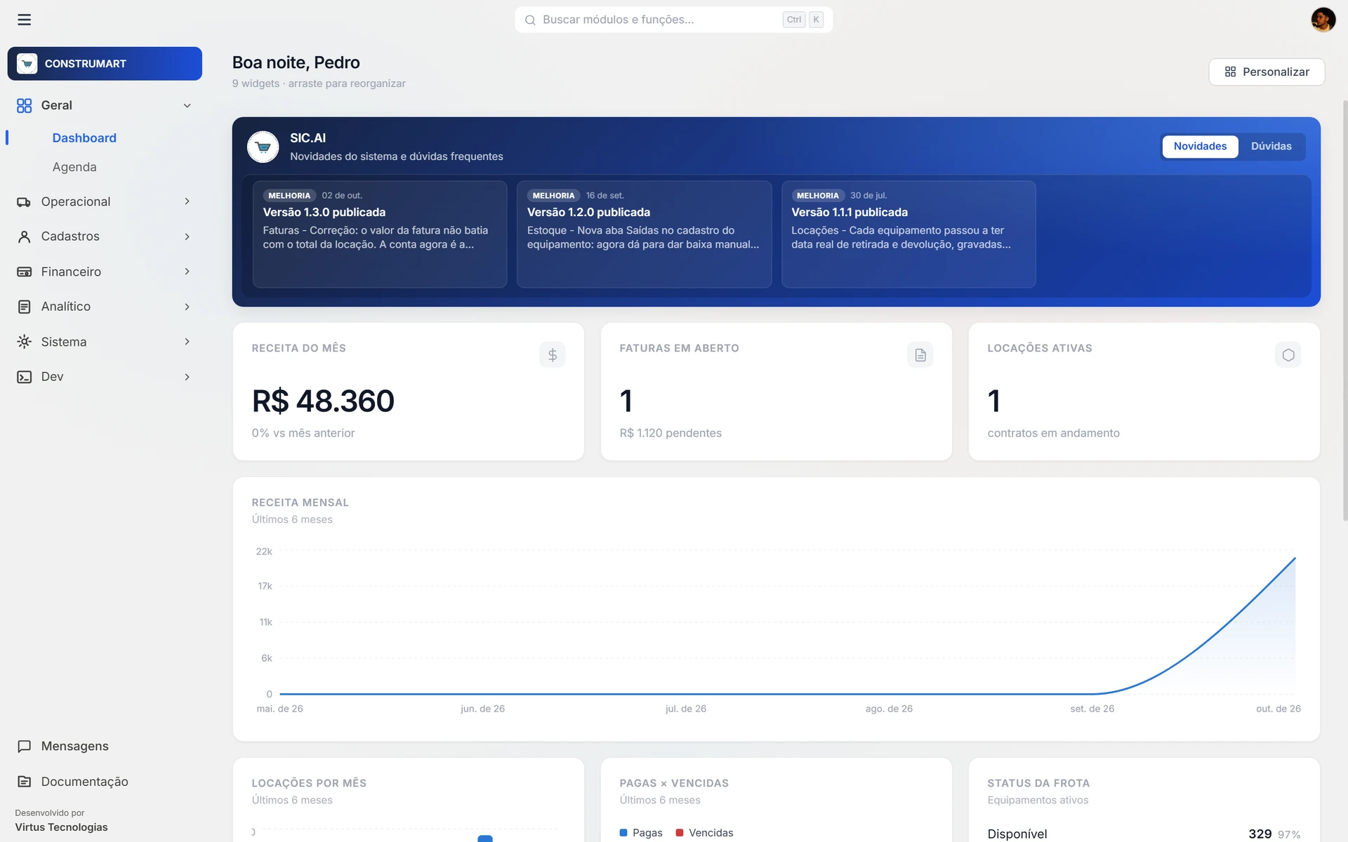 SIC Construmart: Sistema interno para locação de equipamentos, ordens de serviço, estoque e faturamento, com os documentos em PDF.